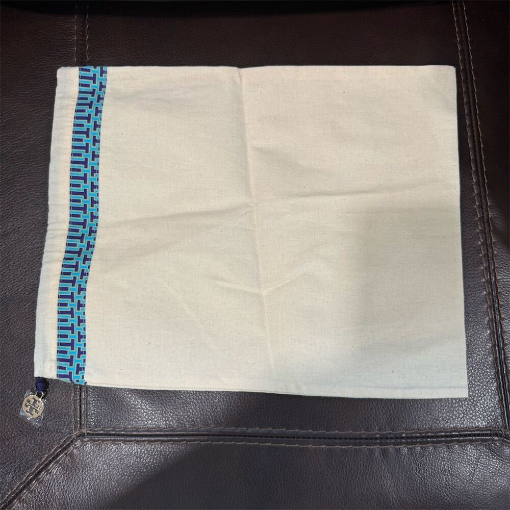 Tory Burch Cream Dust Bag w/ Blue Patterned Trim &‎ Logo Charm